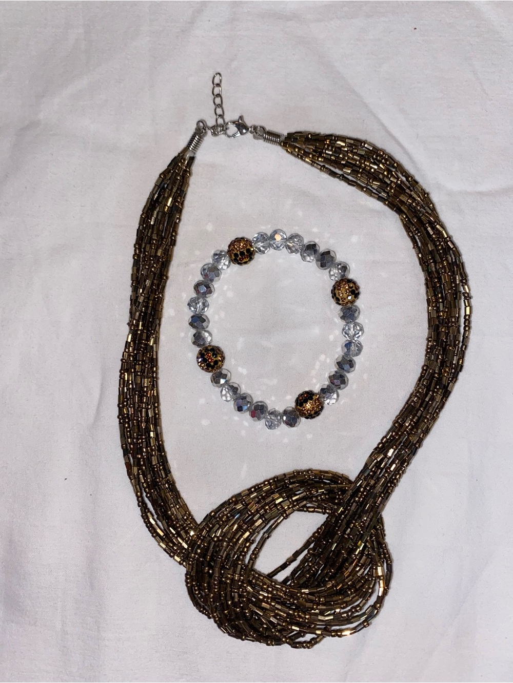 Multi-Strand Bronze Beaded Necklace with Clear Crystal Accent Bracelet